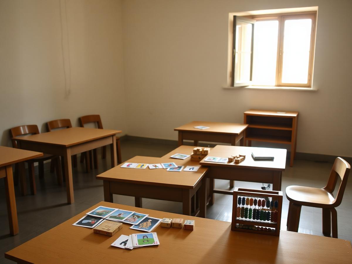 A special-education classroom with low wooden tables, picture cards, blocks and an abacus