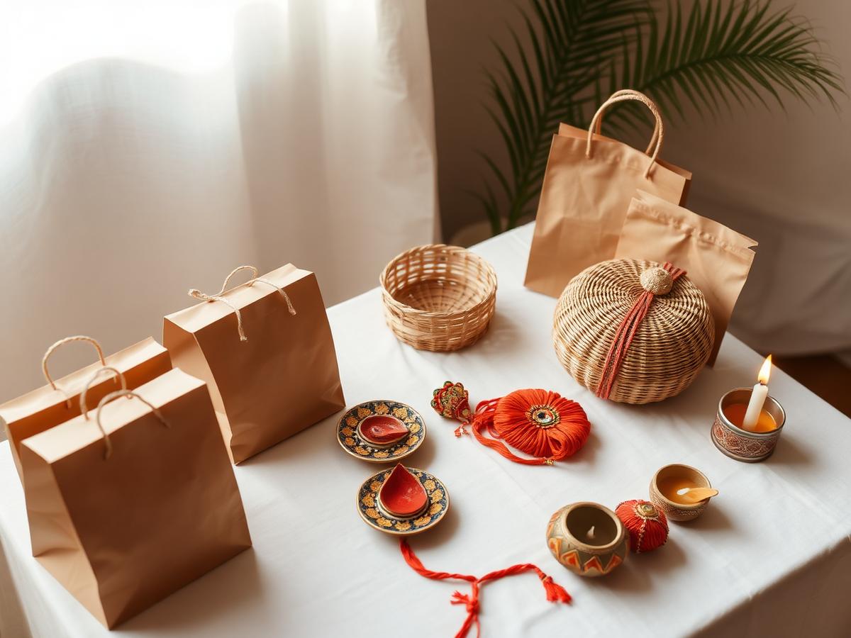 Handmade products including paper bags, bamboo baskets, diyas, rakhis and candles on a display table