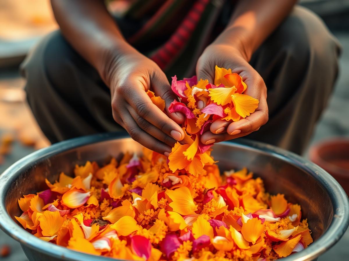 Hands sorting marigold and rose petals collected from temples into a steel tray