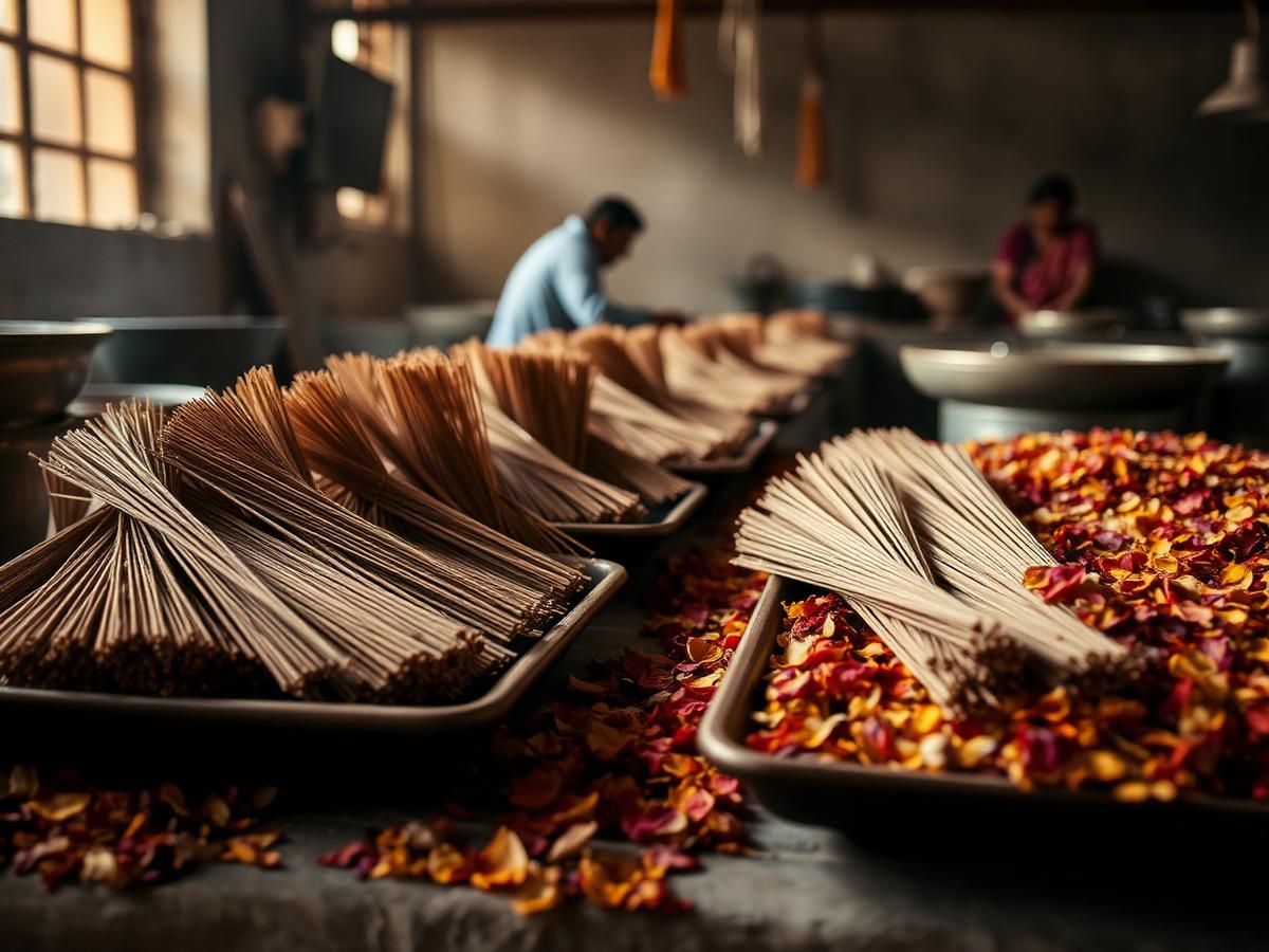 Bundles of hand-rolled incense sticks drying beside trays of dried temple flower petals