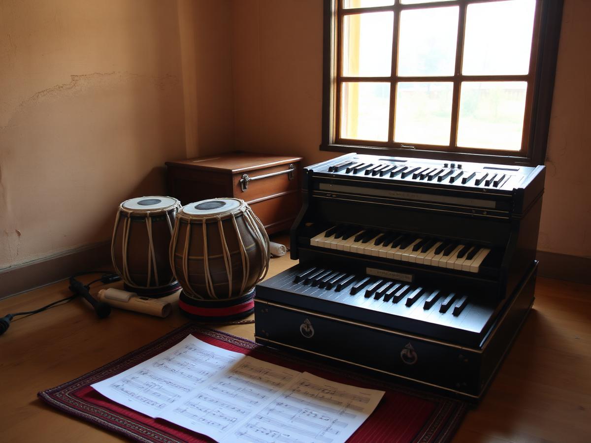 A tabla pair and harmonium in a simple music classroom with warm afternoon light